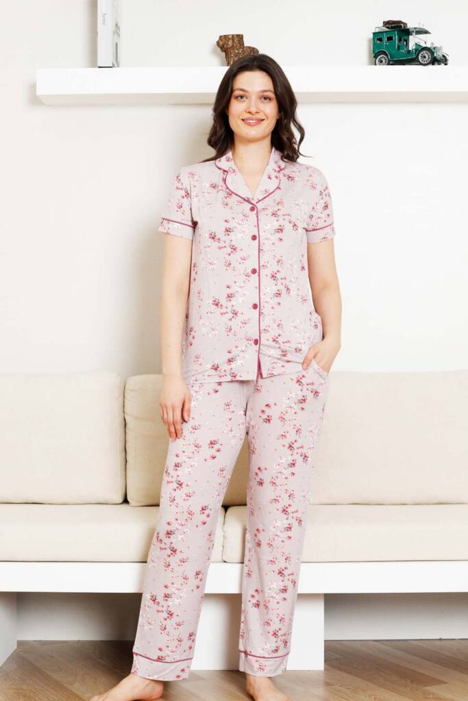 Önden Düğmeli Kadın Pijama Takımı - Kısa Kol Likralı Rink Viskon 2844KY - 1