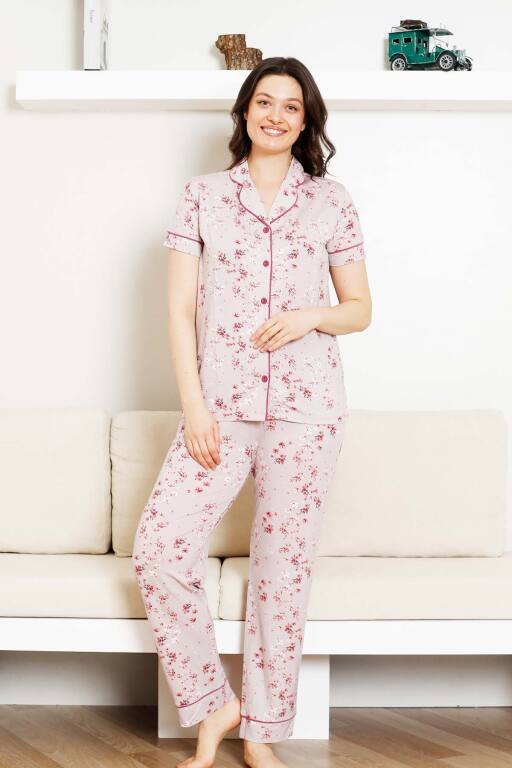Önden Düğmeli Kadın Pijama Takımı - Kısa Kol Likralı Rink Viskon 2844KY - 4
