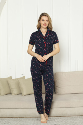 Önden Düğmeli Kadın Pijama Takımı - Laciver Gül Desenli Kısa Kol Likralı Rink Viskon 2862KY - 2