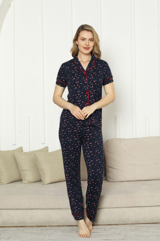 Önden Düğmeli Kadın Pijama Takımı - Laciver Gül Desenli Kısa Kol Likralı Rink Viskon 2862KY - 2