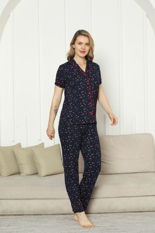 Önden Düğmeli Kadın Pijama Takımı - Laciver Gül Desenli Kısa Kol Likralı Rink Viskon 2862KY - 4