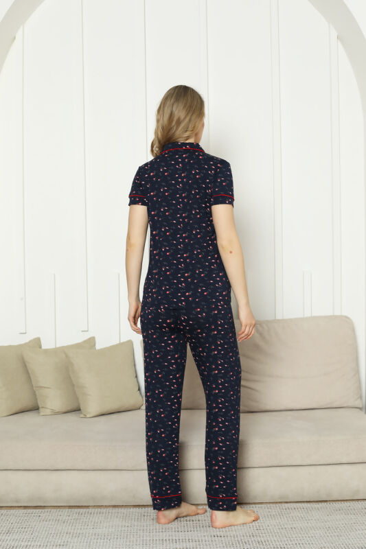 Önden Düğmeli Kadın Pijama Takımı - Laciver Gül Desenli Kısa Kol Likralı Rink Viskon 2862KY - 5