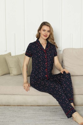 Önden Düğmeli Kadın Pijama Takımı - Laciver Gül Desenli Kısa Kol Likralı Rink Viskon 2862KY - 6