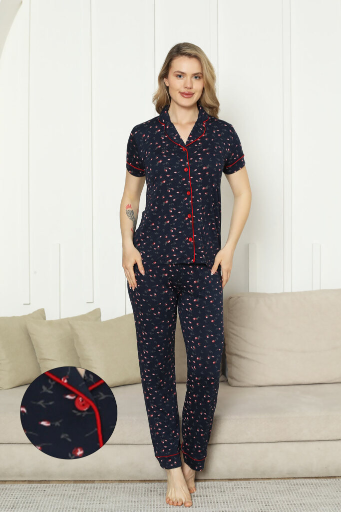 Önden Düğmeli Kadın Pijama Takımı - Laciver Gül Desenli Kısa Kol Likralı Rink Viskon 2862KY - 1
