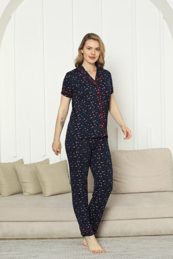 Önden Düğmeli Kadın Pijama Takımı - Laciver Gül Desenli Kısa Kol Likralı Rink Viskon 2862KY - 3