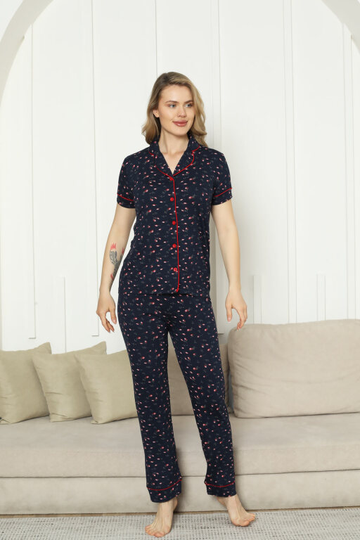 Önden Düğmeli Kadın Pijama Takımı - Laciver Gül Desenli Kısa Kol Likralı Rink Viskon 2862KY - 4