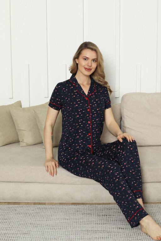 Önden Düğmeli Kadın Pijama Takımı - Laciver Gül Desenli Kısa Kol Likralı Rink Viskon 2862KY - Alimer (1)