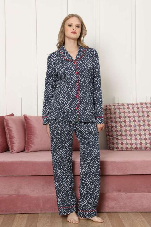 Önden Düğmeli Kadın Pijama Takımı - Lacivert Papatya Desenli Uzun Kollu Likralı Pamuk 2886UKL - Alimer