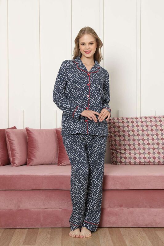 Önden Düğmeli Kadın Pijama Takımı - Lacivert Papatya Desenli Uzun Kollu Likralı Pamuk 2886UKL - 2