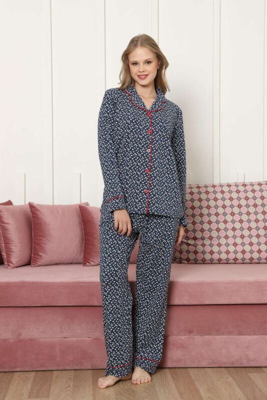Önden Düğmeli Kadın Pijama Takımı - Lacivert Papatya Desenli Uzun Kollu Likralı Pamuk 2886UKL - 3
