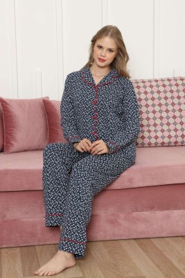 Önden Düğmeli Kadın Pijama Takımı - Lacivert Papatya Desenli Uzun Kollu Likralı Pamuk 2886UKL - 4