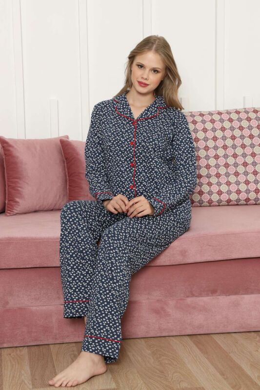 Önden Düğmeli Kadın Pijama Takımı - Lacivert Papatya Desenli Uzun Kollu Likralı Pamuk 2886UKL - 4