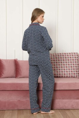 Önden Düğmeli Kadın Pijama Takımı - Lacivert Papatya Desenli Uzun Kollu Likralı Pamuk 2886UKL - 5
