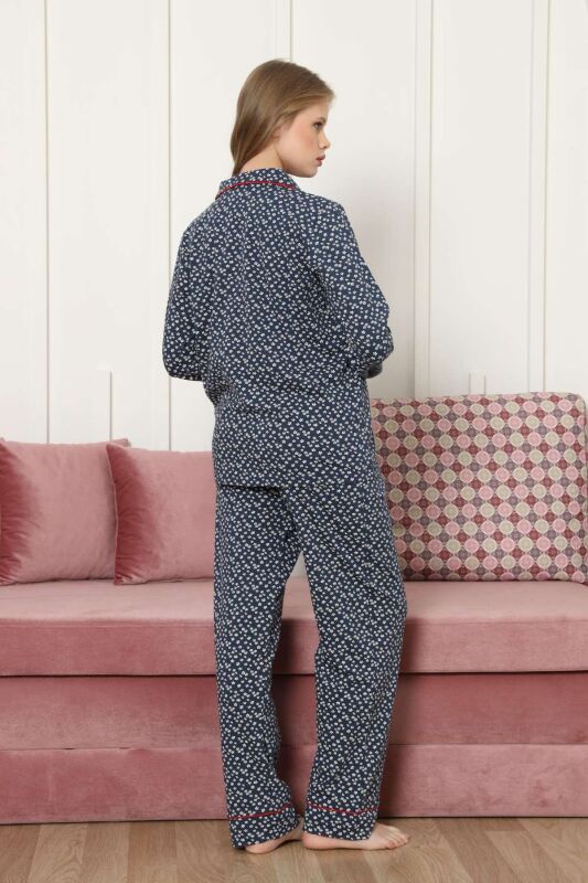 Önden Düğmeli Kadın Pijama Takımı - Lacivert Papatya Desenli Uzun Kollu Likralı Pamuk 2886UKL - 5