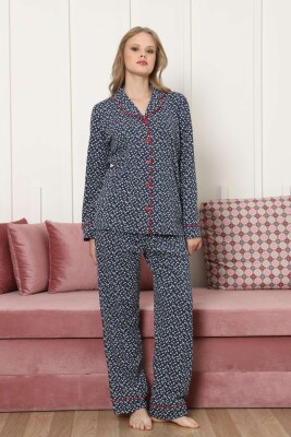 Önden Düğmeli Kadın Pijama Takımı - Lacivert Papatya Desenli Uzun Kollu Likralı Pamuk 2886UKL - Alimer