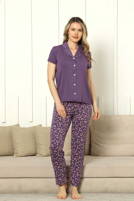 Önden Düğmeli Kadın Pijama Takımı - Mor Kısa Kol Likralı Rink Viskon 2854KY - 3