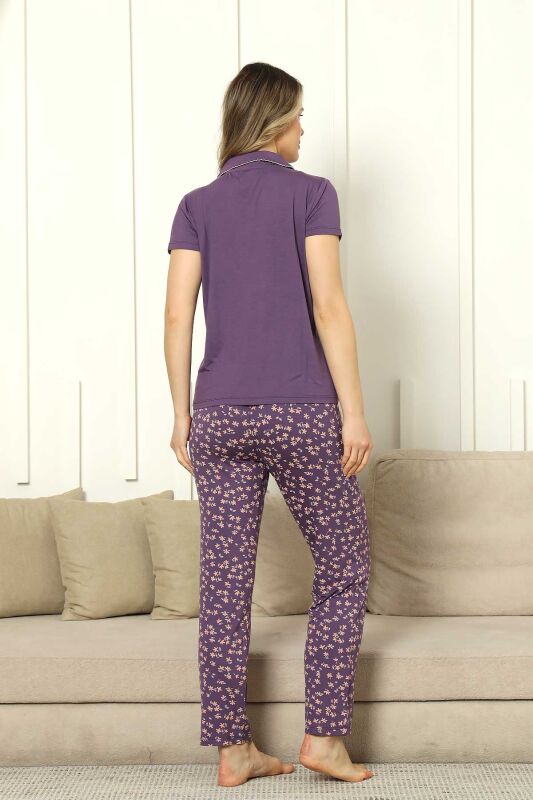 Önden Düğmeli Kadın Pijama Takımı - Mor Kısa Kol Likralı Rink Viskon 2854KY - 5