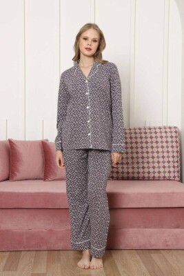 Önden Düğmeli Kadın Pijama Takımı - Mürdüm Papatya Desenli Uzun Kollu Likralı Pamuk 2886UKL - Alimer