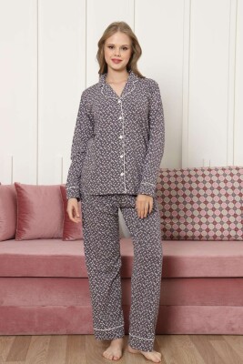 Önden Düğmeli Kadın Pijama Takımı - Mürdüm Papatya Desenli Uzun Kollu Likralı Pamuk 2886UKL - 3