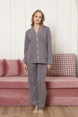 Önden Düğmeli Kadın Pijama Takımı - Mürdüm Papatya Desenli Uzun Kollu Likralı Pamuk 2886UKL - Alimer