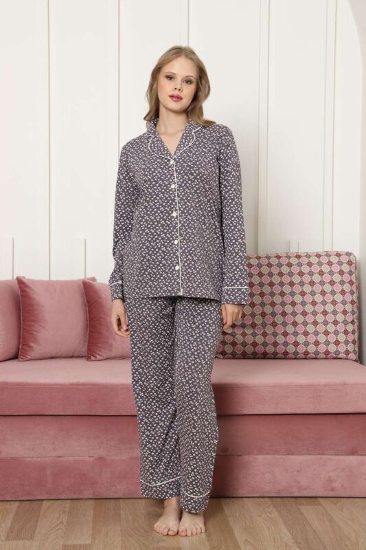 Önden Düğmeli Kadın Pijama Takımı - Mürdüm Papatya Desenli Uzun Kollu Likralı Pamuk 2886UKL - 1