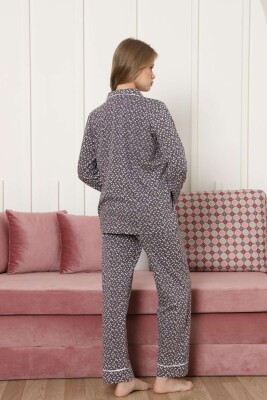 Önden Düğmeli Kadın Pijama Takımı - Mürdüm Papatya Desenli Uzun Kollu Likralı Pamuk 2886UKL - 4