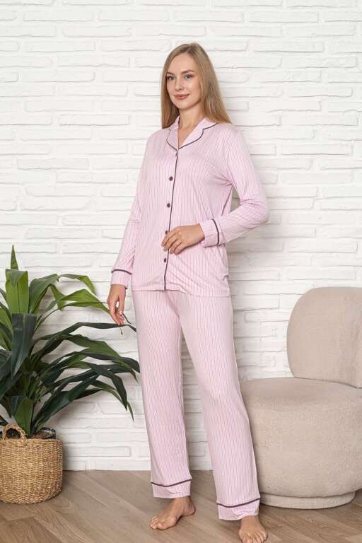 Önden Düğmeli Kadın Pijama Takımı - Pembe Çizgili Desenli Uzun Kol Likralı Rink Viskon 2507UY - 5