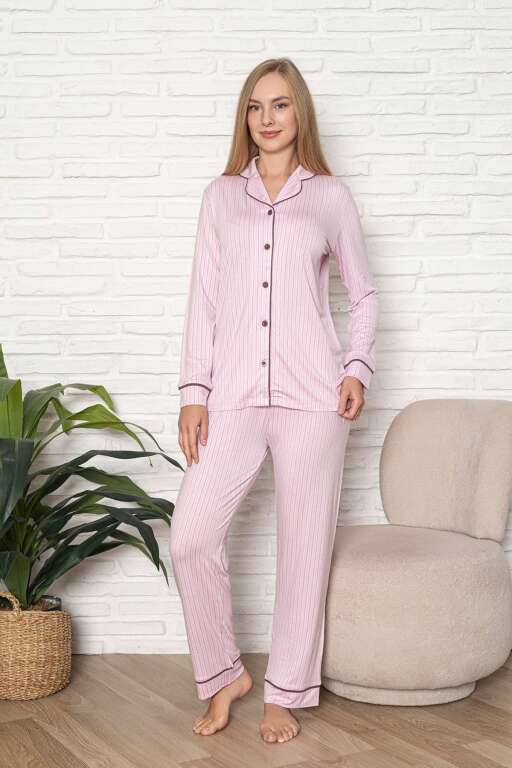 Önden Düğmeli Kadın Pijama Takımı - Pembe Çizgili Desenli Uzun Kol Likralı Rink Viskon 2507UY - 6