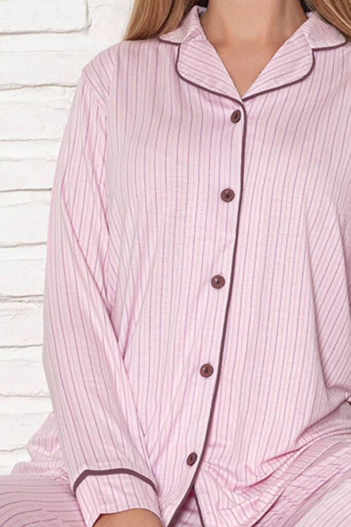 Önden Düğmeli Kadın Pijama Takımı - Pembe Çizgili Desenli Uzun Kol Likralı Rink Viskon 2507UY - 2