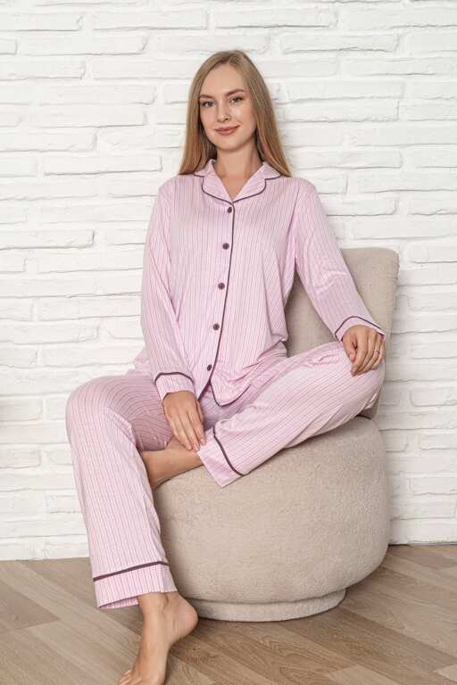 Önden Düğmeli Kadın Pijama Takımı - Pembe Çizgili Desenli Uzun Kol Likralı Rink Viskon 2507UY - 3