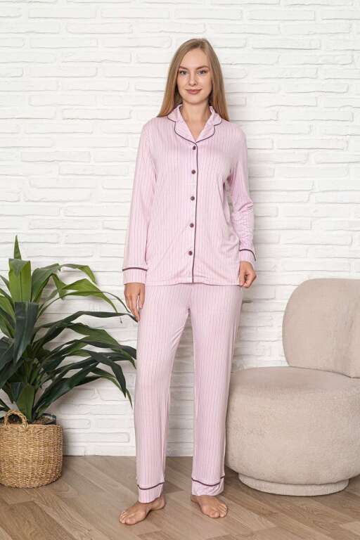 Önden Düğmeli Kadın Pijama Takımı - Pembe Çizgili Desenli Uzun Kol Likralı Rink Viskon 2507UY - 4