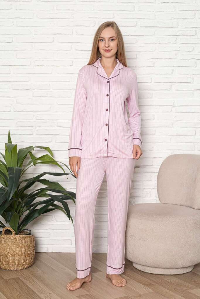 Önden Düğmeli Kadın Pijama Takımı - Pembe Çizgili Desenli Uzun Kol Likralı Rink Viskon 2507UY - 4