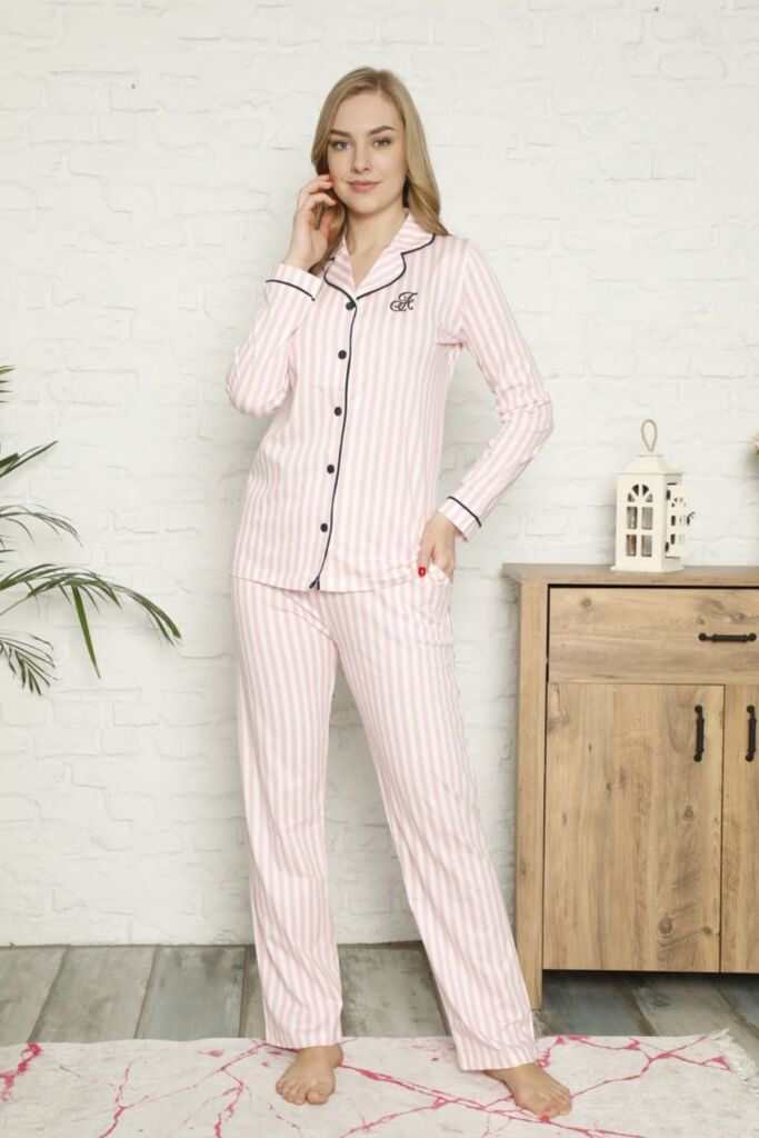 Önden Düğmeli Kadın Pijama Takımı - Pembe Çizgili Uzun Kol %100 Ramuk 2568UY - 1