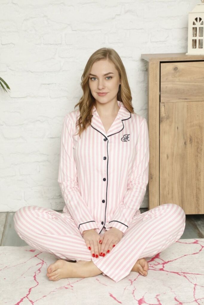 Önden Düğmeli Kadın Pijama Takımı - Pembe Çizgili Uzun Kol %100 Ramuk 2568UY - 4
