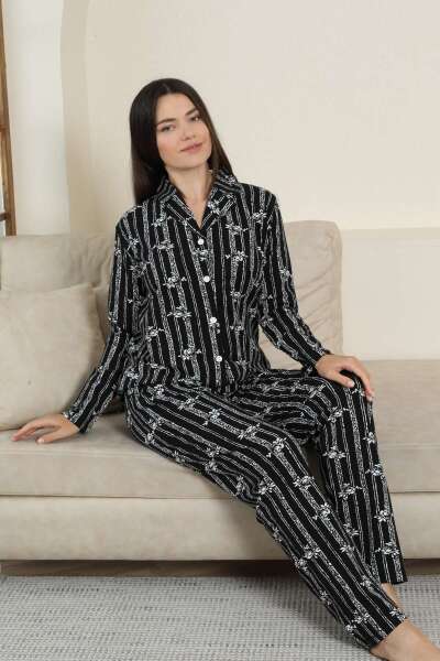 Önden Düğmeli Kadın Pijama Takımı - Siyah Çizgili Uzun Kol Likralı Penye 2884UK - Alimer (1)