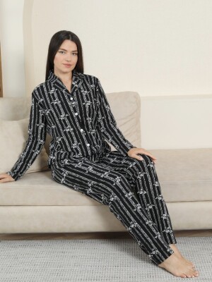Önden Düğmeli Kadın Pijama Takımı - Siyah Çizgili Uzun Kol Likralı Penye 2884UK - 3