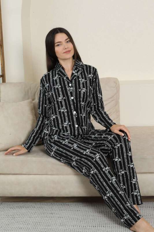 Önden Düğmeli Kadın Pijama Takımı - Siyah Çizgili Uzun Kol Likralı Penye 2884UK - 2