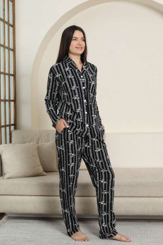 Önden Düğmeli Kadın Pijama Takımı - Siyah Çizgili Uzun Kol Likralı Penye 2884UK - 3