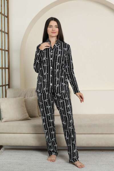 Önden Düğmeli Kadın Pijama Takımı - Siyah Çizgili Uzun Kol Likralı Penye 2884UK - 4