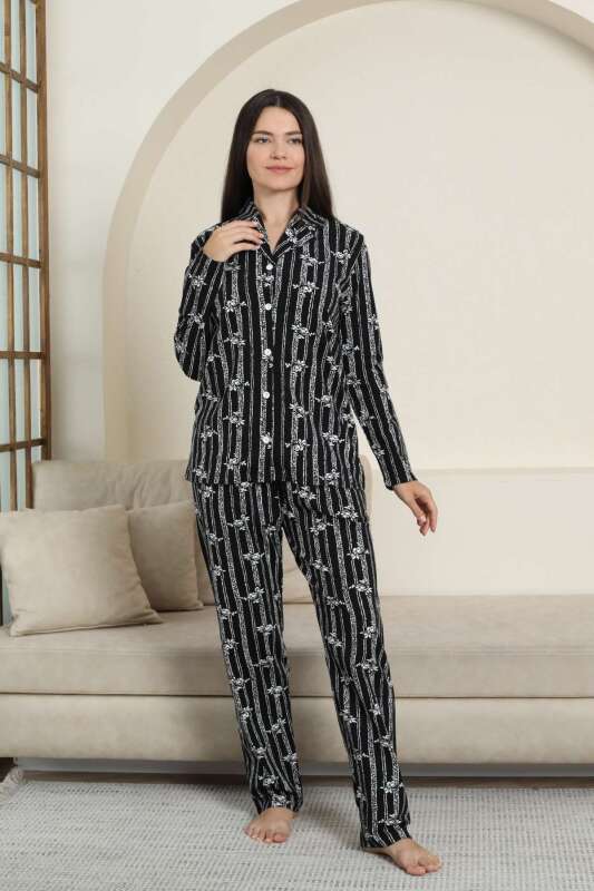 Önden Düğmeli Kadın Pijama Takımı - Siyah Çizgili Uzun Kol Likralı Penye 2884UK - 4