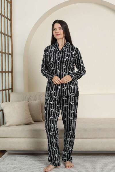 Önden Düğmeli Kadın Pijama Takımı - Siyah Çizgili Uzun Kol Likralı Penye 2884UK - Alimer