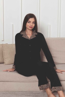 Önden Düğmeli Kadın Pijama Takımı - Siyah Leopar Desen Dakalı Uzun Kol Likralı Rink Viskon 2877UY - Alimer (1)