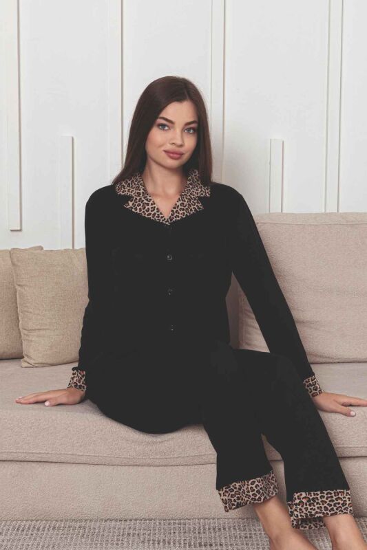 Önden Düğmeli Kadın Pijama Takımı - Siyah Leopar Desen Dakalı Uzun Kol Likralı Rink Viskon 2877UY - 2
