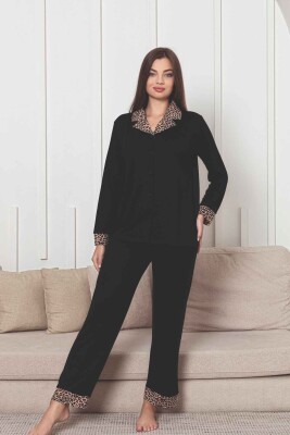 Önden Düğmeli Kadın Pijama Takımı - Siyah Leopar Desen Dakalı Uzun Kol Likralı Rink Viskon 2877UY - 3