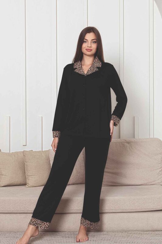 Önden Düğmeli Kadın Pijama Takımı - Siyah Leopar Desen Dakalı Uzun Kol Likralı Rink Viskon 2877UY - 3