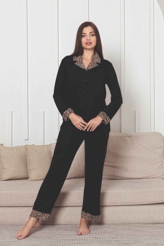 Önden Düğmeli Kadın Pijama Takımı - Siyah Leopar Desen Dakalı Uzun Kol Likralı Rink Viskon 2877UY - 4