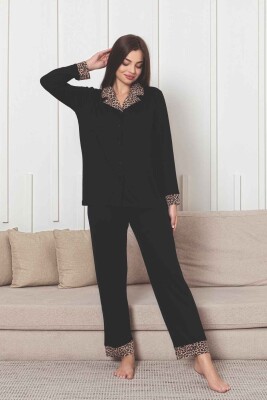 Önden Düğmeli Kadın Pijama Takımı - Siyah Leopar Desen Dakalı Uzun Kol Likralı Rink Viskon 2877UY - 5