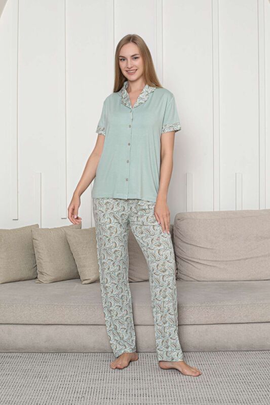 Önden Düğmeli Kadın Pijama Takımı - Su Yeşili Çiçek Desenli Kisa Kol Likralı Rink Viskon 2872KY - 4
