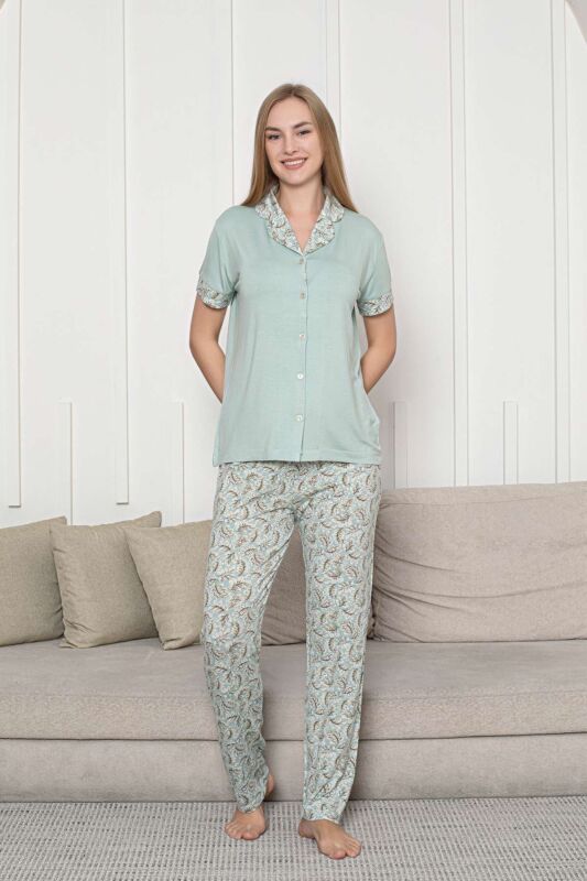 Önden Düğmeli Kadın Pijama Takımı - Su Yeşili Çiçek Desenli Kisa Kol Likralı Rink Viskon 2872KY - 5