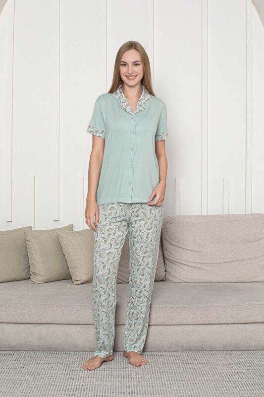 Önden Düğmeli Kadın Pijama Takımı - Su Yeşili Çiçek Desenli Kisa Kol Likralı Rink Viskon 2872KY - 1